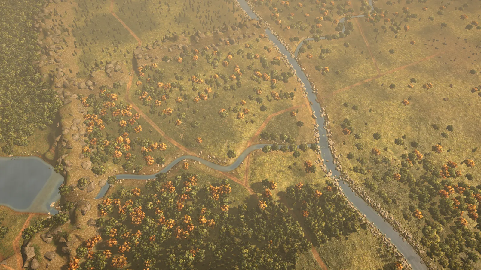 Vue générale de la vallée : rivière, affluents, bois et chemins